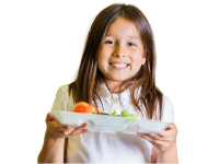 Elementary-age caucasian girl with straight brown hair smiling and holding a white paper school lunch stray. 